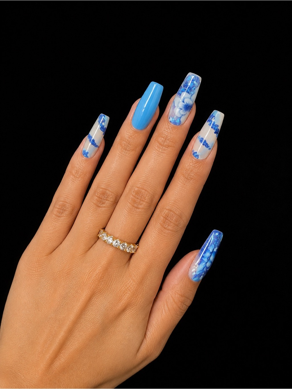 Blue Floral & Solid Press-On Nails - Women Makeup 1 pack of 24 nails